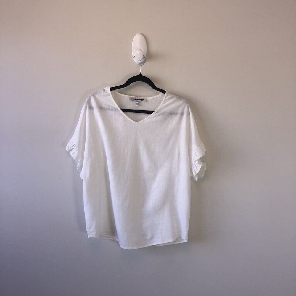 Generation Linen Blend Blouse White Cream Short Ruffle Sleeve V Neck XS/S NWOT's